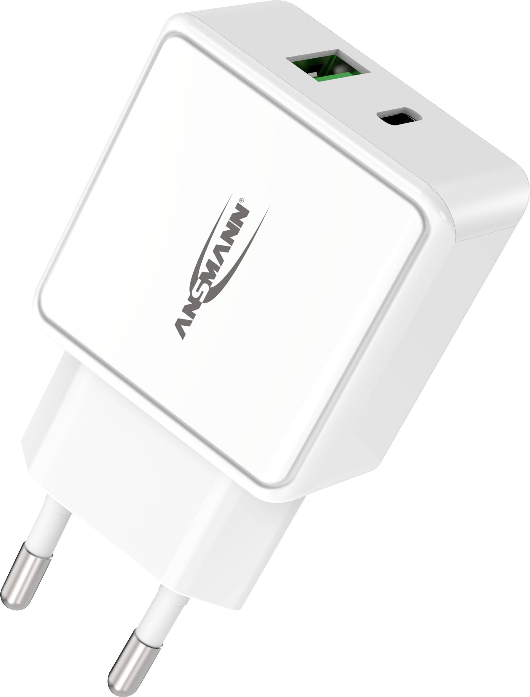 'Wit USB-oplader met bedrijfslogo, twee stekkerpennen en USB-aansluiting bovenaan. Compact en vierkant van ontwerp.'