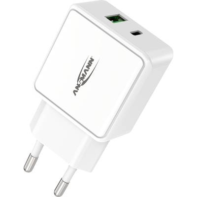 'Wit USB-oplader met bedrijfslogo, twee stekkerpennen en USB-aansluiting bovenaan. Compact en vierkant van ontwerp.'