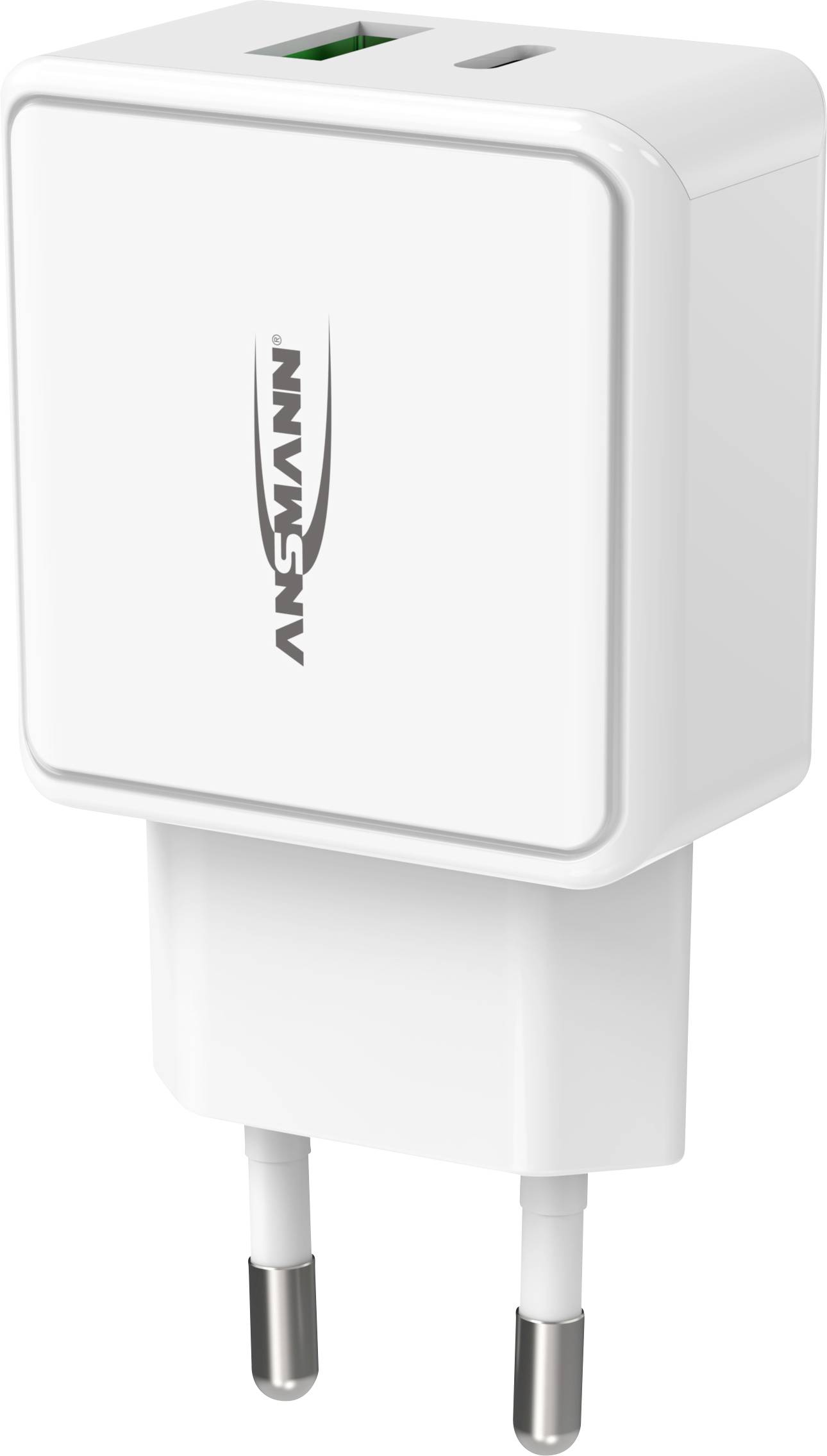 Een wit USB-oplader met twee poorten, geschikt voor verschillende elektronische apparaten. Merklogo op de voorkant.