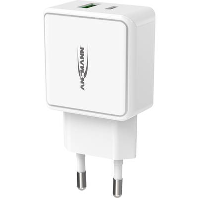 Een wit USB-oplader met twee poorten, geschikt voor verschillende elektronische apparaten. Merklogo op de voorkant.