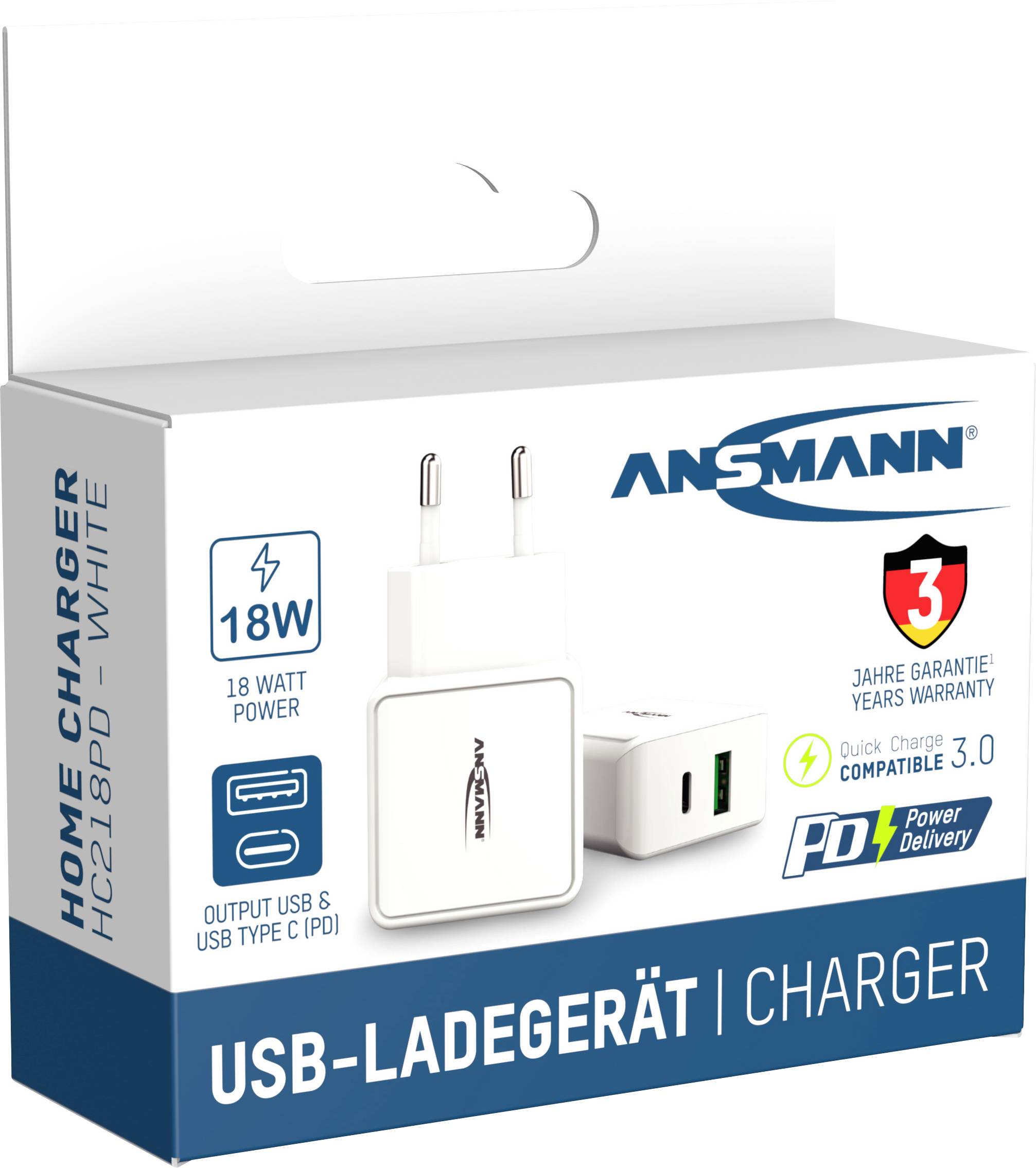 Wit USB-oplader met 18 Watt vermogen. Compatibel met Quick Charge 3.0 en Power Delivery. 3 jaar garantie.