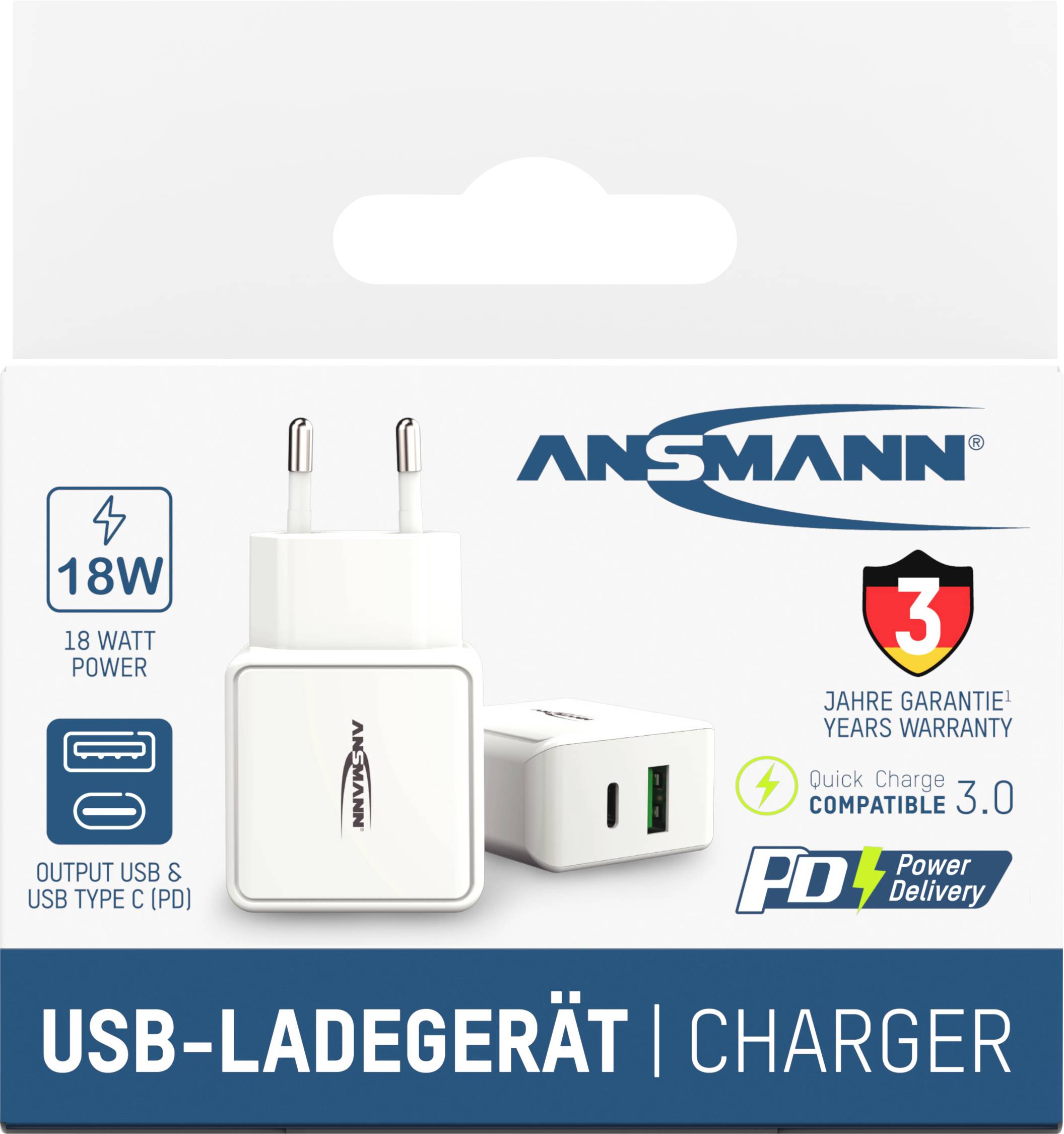 'USB-oplader 18W' op verpakking. Bevat EU-stekker met USB-C en USB-A uitgangen. Quick Charge 3.0, compatibel met Power Delivery.