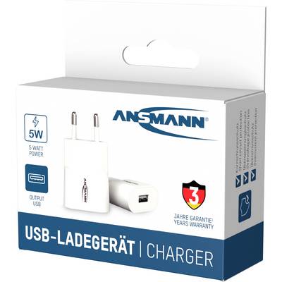 USB-oplader in witte verpakking met EU-stekker. Opschrift: '5W', '3 jaar garantie', 'USB-oplader'.