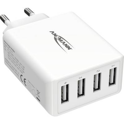 USB-lader met vier poorten en tweepens stekker. Gemerkt met 'ANSMANN'. Geschikt voor het gelijktijdig opladen van meerdere apparaten.