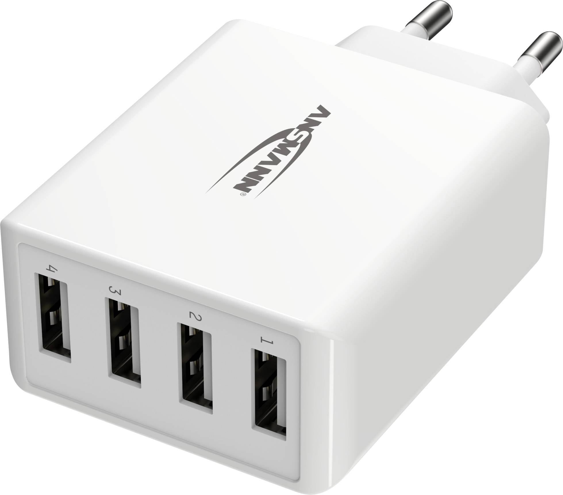 Wit USB-oplaadstation met vier poorten en Europese stekker, geschikt voor het gelijktijdig opladen van meerdere apparaten.
