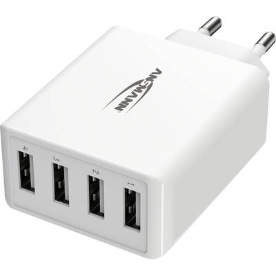 Wit USB-oplaadstation met vier poorten en Europese stekker, geschikt voor het gelijktijdig opladen van meerdere apparaten.