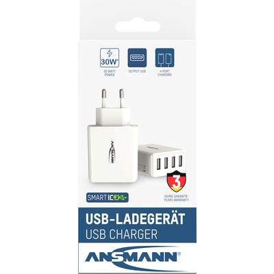 USB-lader met vier poorten en 30 Watt vermogen, afgebeeld met garantie- en Smart-IC-details op de verpakking.