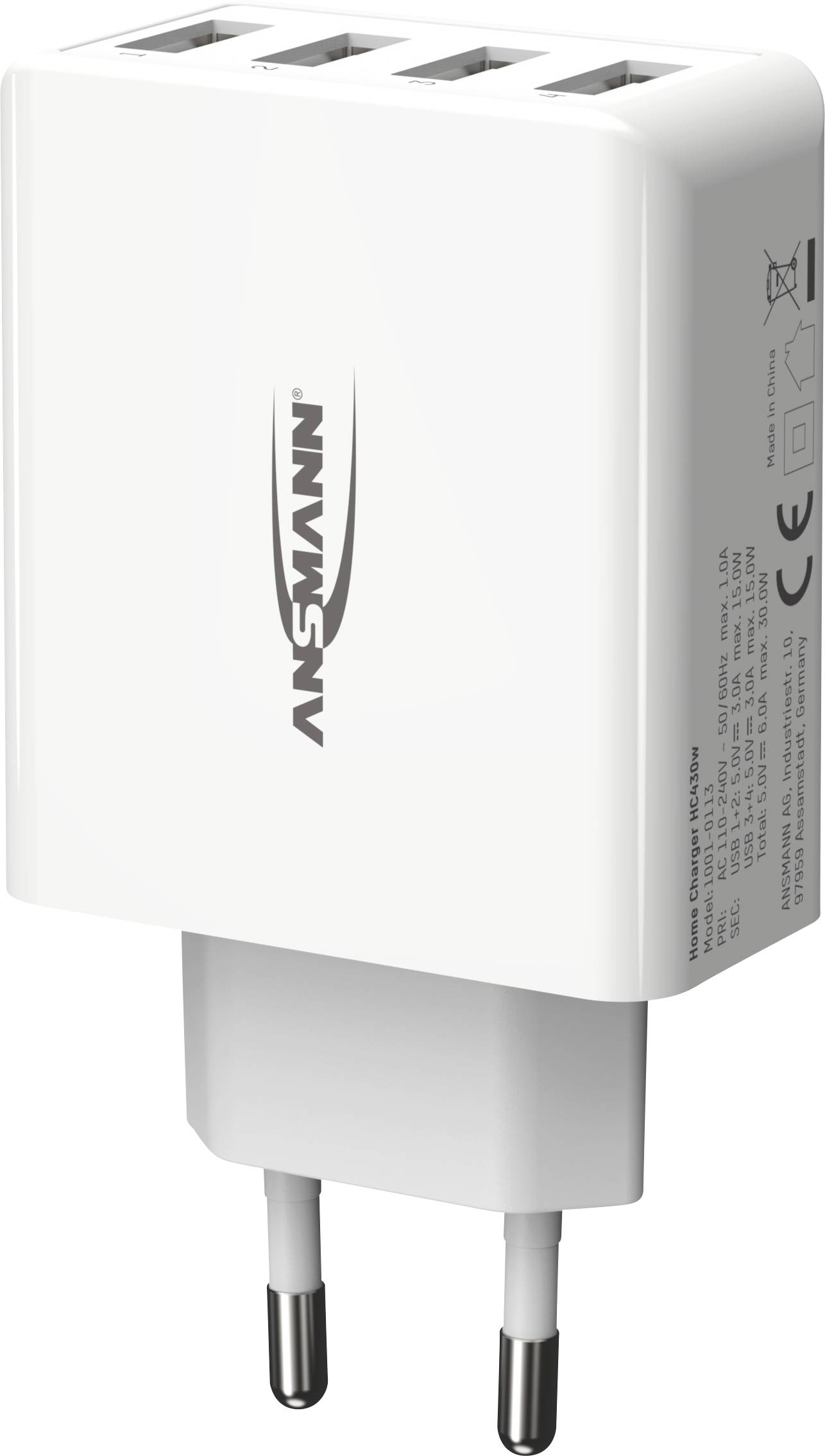 Een wit, multi-poort USB-oplader met vier aansluitingen en een EU-stekker. Het 'ANSMANN' logo is zichtbaar aan de voorkant.