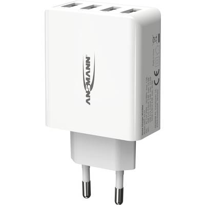 Een wit, multi-poort USB-oplader met vier aansluitingen en een EU-stekker. Het 'ANSMANN' logo is zichtbaar aan de voorkant.