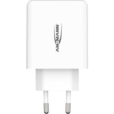 Een wit USB-oplader met het opschrift 'ANSMANN' aan de voorkant, EU-stekker onderaan. Geschikt voor elektronische apparaten.