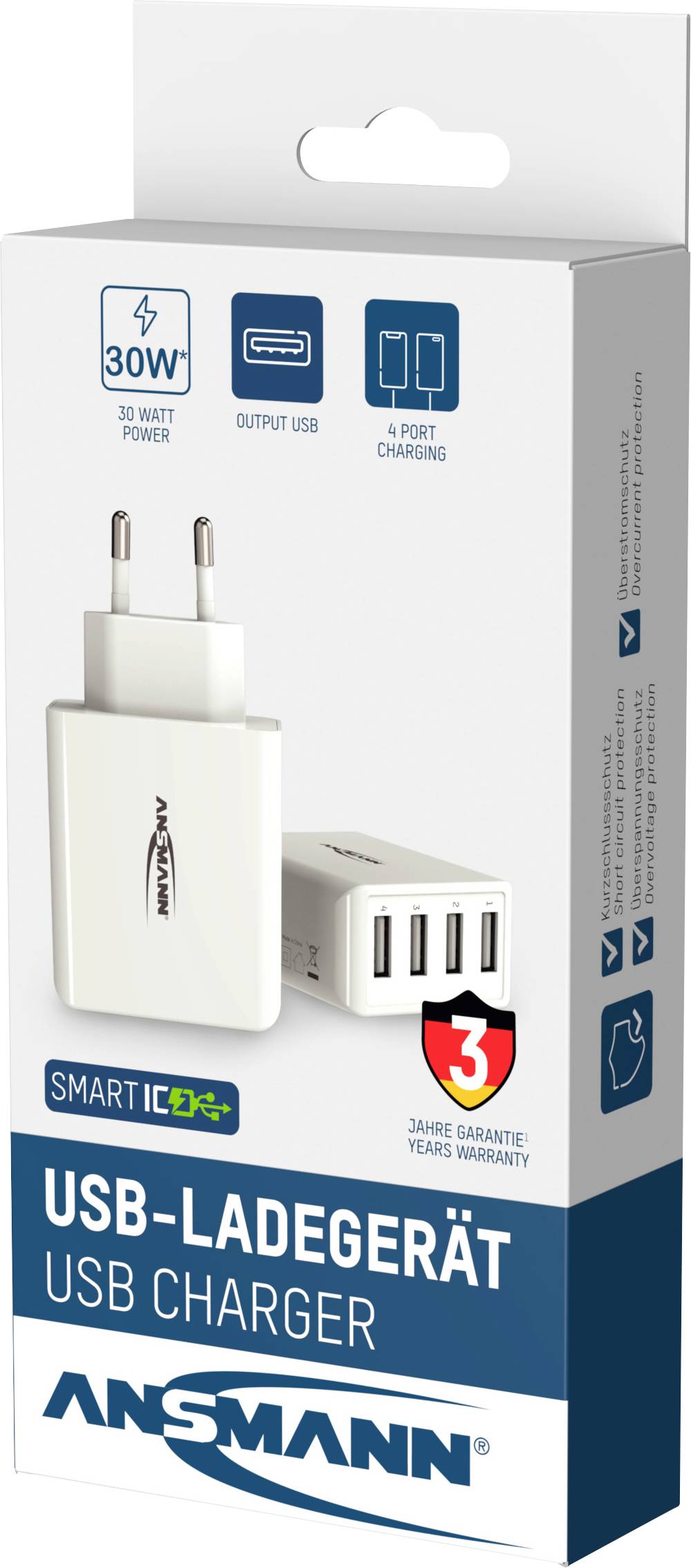 Verpakking van een USB-oplader met 30 Watt vermogen. Kenmerken: Smart IC, 4 USB-poorten, 3 jaar garantie. Merknaam bedrukt.