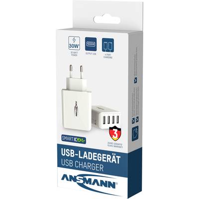 Verpakking van een USB-oplader met 30 Watt vermogen. Kenmerken: Smart IC, 4 USB-poorten, 3 jaar garantie. Merknaam bedrukt.