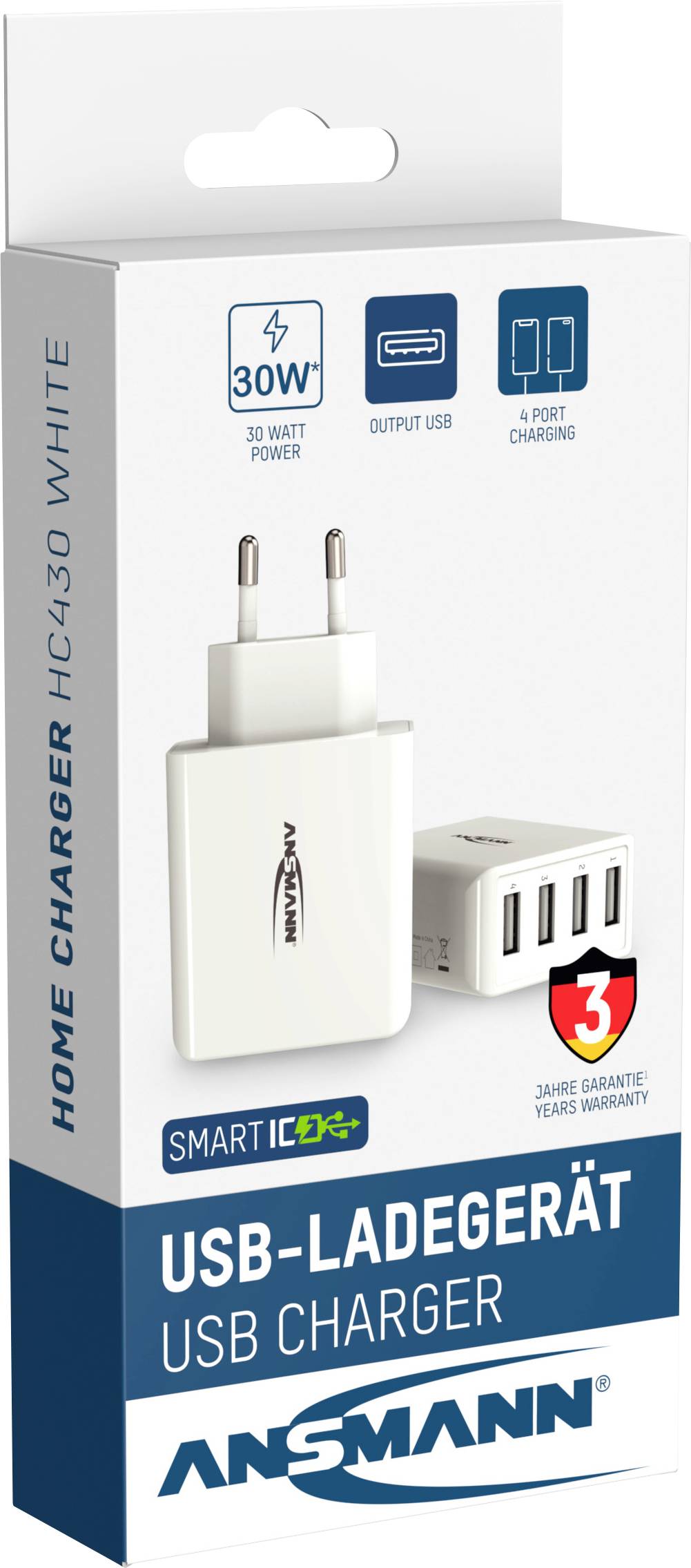 Verpakking van een Ansmann USB-oplader met 30 Watt vermogen, vier USB-poorten en 3 jaar garantie.
