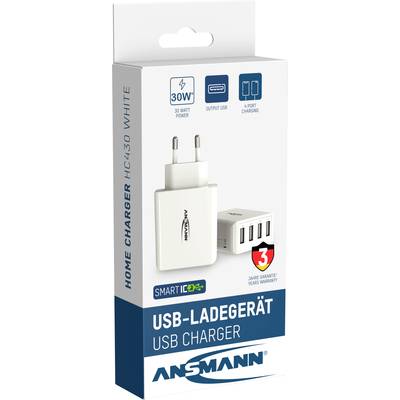 Verpakking van een Ansmann USB-oplader met 30 Watt vermogen, vier USB-poorten en 3 jaar garantie.