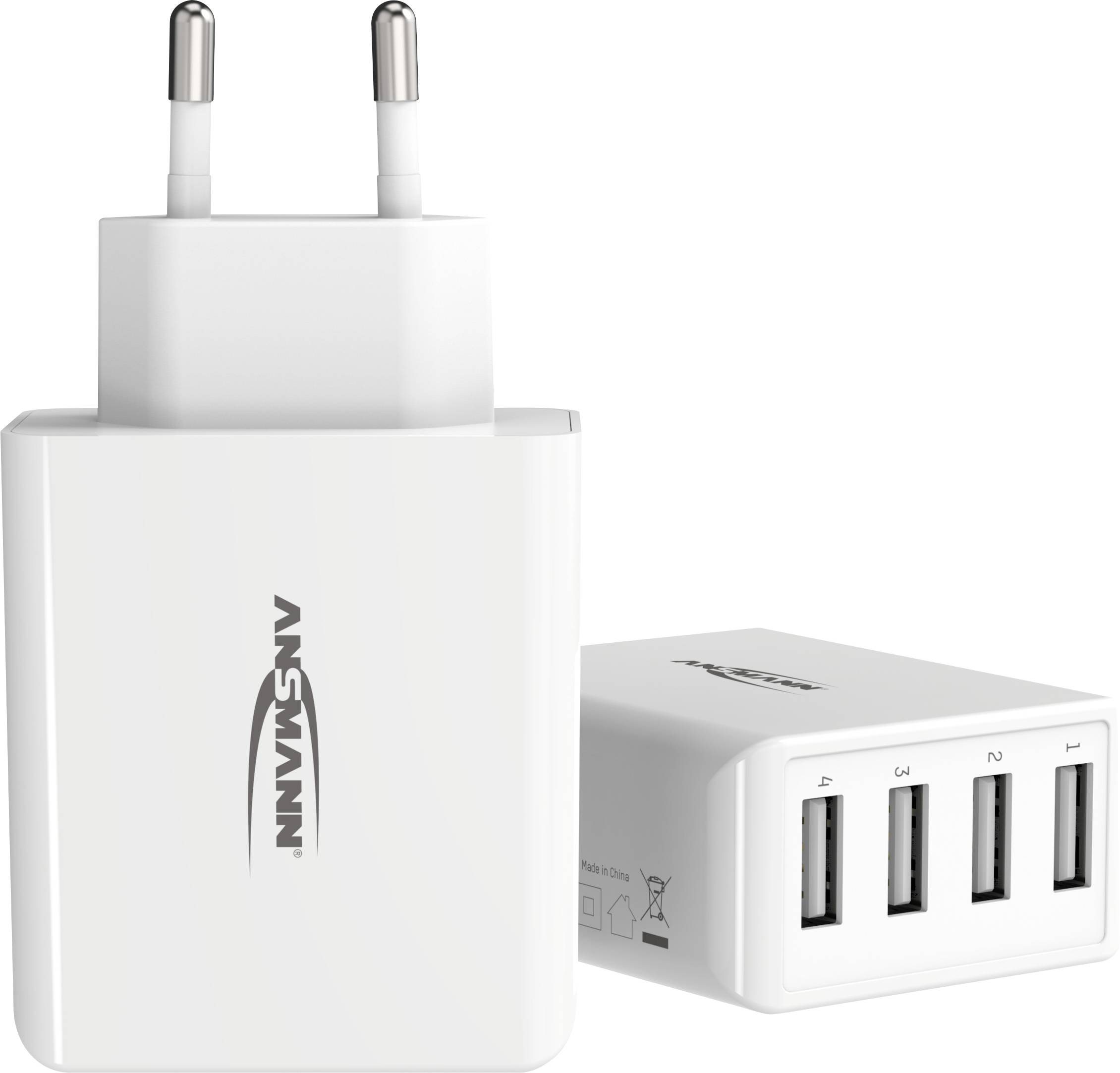 Een wit USB-oplader met drie USB-poorten, geschikt voor het gelijktijdig opladen van meerdere apparaten.
