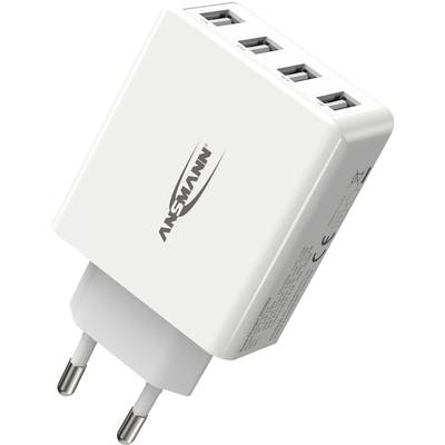 Een wit USB-oplader met vier USB-poorten en een EU-stekker, geschikt voor het gelijktijdig opladen van meerdere apparaten.