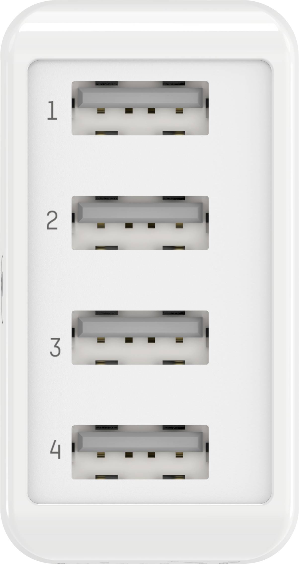 Wit USB-oplader met vier genummerde USB-poorten in twee rijen.
