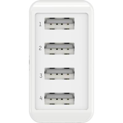 Wit USB-oplader met vier genummerde USB-poorten in twee rijen.