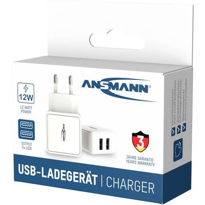 USB-lader van Ansmann met twee USB-poorten. 12 Watt vermogen. Verpakking vermeldt 3 jaar garantie.