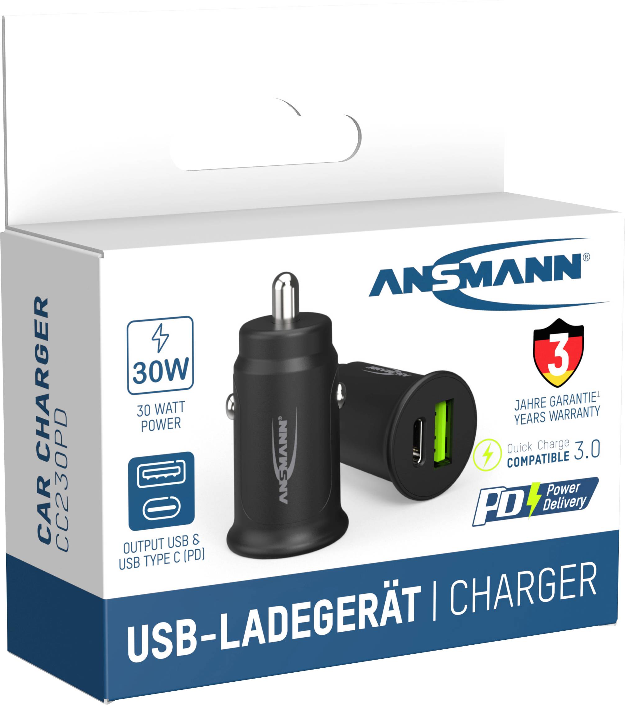 'Ansmann' Autolader, 30 Watt vermogen, compatibel met USB Type C, Quick Charge 3.0, 3 jaar garantie, zwarte kleur.