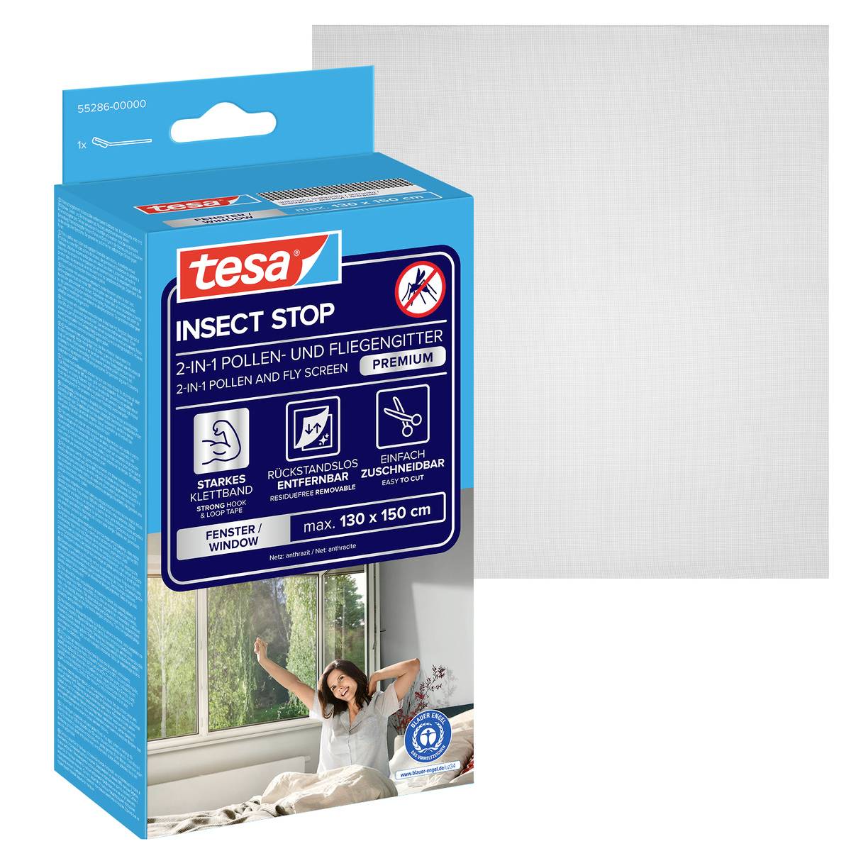 Doos tesa 'Insect Stop' 2-in-1 stuifmeel- en vliegenscherm voor ramen, max 130 x 150 cm, getoond met inbegrepen meshscreenmonster.