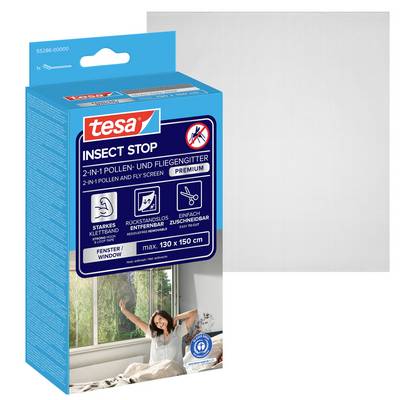 Doos tesa 'Insect Stop' 2-in-1 stuifmeel- en vliegenscherm voor ramen, max 130 x 150 cm, getoond met inbegrepen meshscreenmonster.