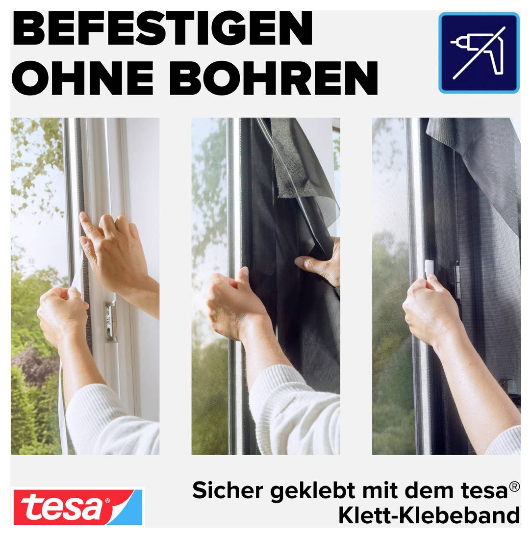 Reclame voor tesa: Gordijn met klittenband-plakband veilig bevestigd, zonder boren; toont drie stappen van de montage.