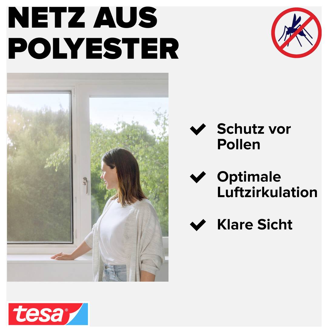 Advertentieafbeelding voor een polyester-vliegengaas: Vrouw bij het raam, tekst 'Bescherming tegen stuifmeel', 'Optimale luchtcirculatie' en 'Helder zicht', tesa-logo en insectensymbool.