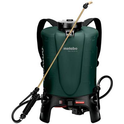 Groene Metabo rugspuiterset met zwarte riemen, slang en spuitstaf, weergegeven van voren op een witte achtergrond.