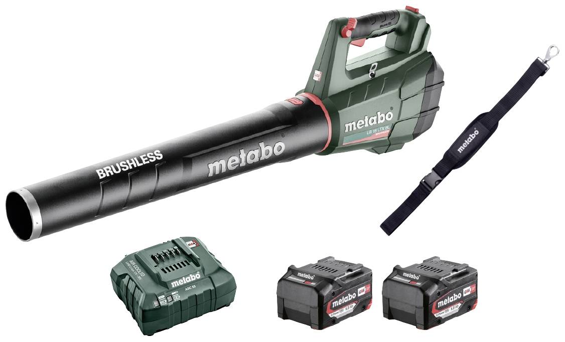 Bladblazer-set van Metabo met accu's, oplader en draagriem.