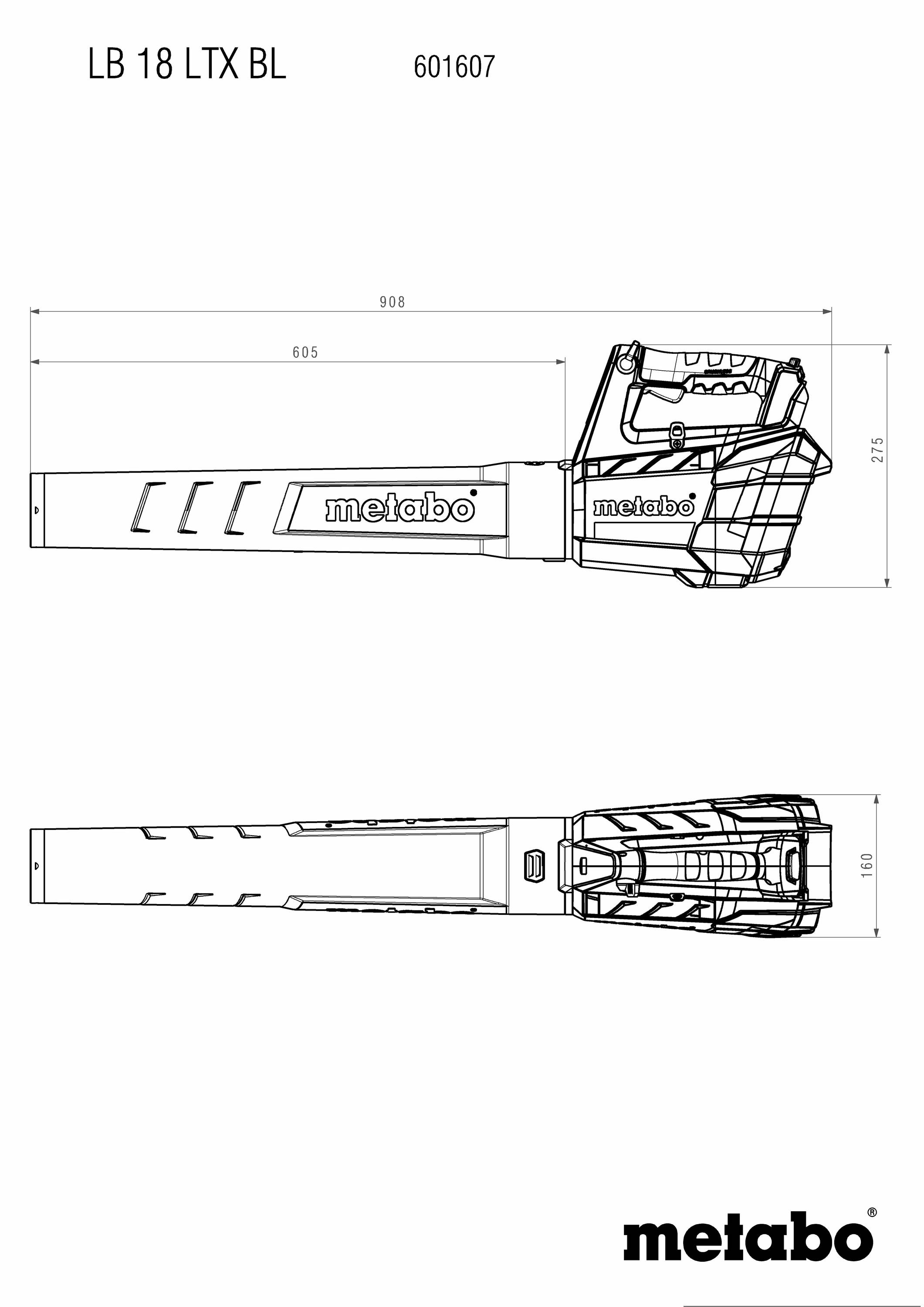 Technische tekening van een Metabo accu-bladblazer LB 18 LTX BL. Bovenaanzicht van de zijkant met afmetingen, onderaan bovenaanzicht.