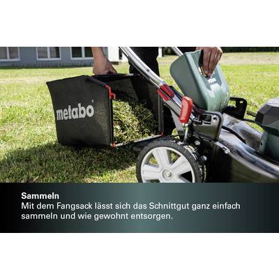 'Grasmaaier met verwijderbare opvangzak vol gemaaid gras. Etikettering legt eenvoudige verwijdering van grassnippers uit.'