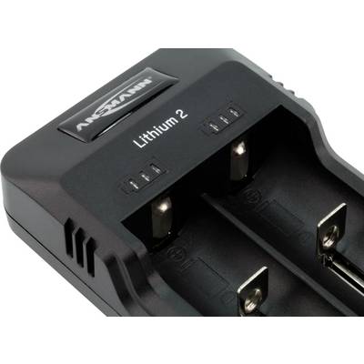 Lithium-ion acculader met twee laadplaatsen, geschikt voor Ansmann-batterijen. Toont laadstatus met LED-indicator.
