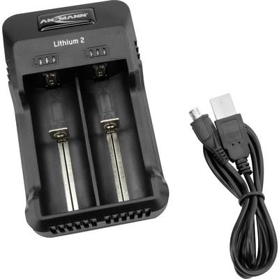 Oplader voor twee lithium-batterijen met USB-kabel ernaast. Zwart, compact.