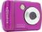 Een roze, waterdichte digitale camera met flitser en lens. Op de camera staat 'Aquapix W2024-P Waterproof'.