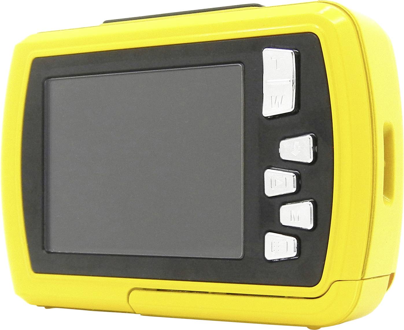 Een geel elektronisch apparaat met een scherm en vijf zilveren knoppen aan de zijkant.