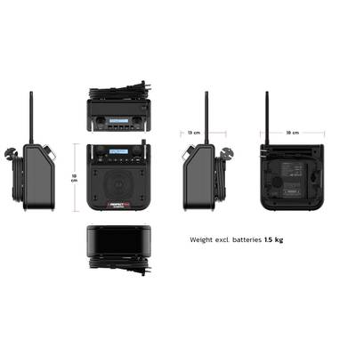 'Draagbare luidspreker met antenne in verschillende perspectieven: vooraanzicht, zijaanzicht, bovenaanzicht, telkens met maatvoering. Gewicht zonder batterijen: 1,5 kg.'