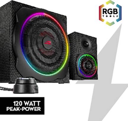 Twee luidsprekers met RGB-verlichting, de grotere links met 120 Watt piekvermogen. Een RGB-logo rechtsboven.
