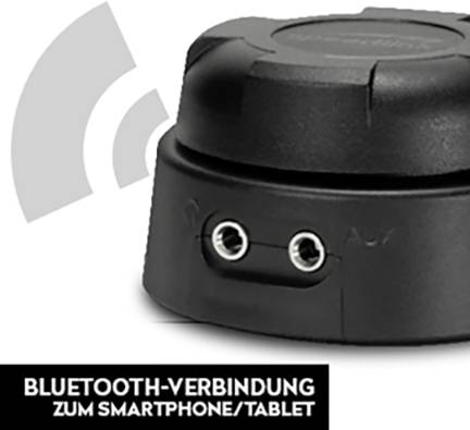 Een zwart apparaat met twee aansluitingen dat Bluetooth-verbinding met smartphone/tablet mogelijk maakt. Symbool voor draadloze overdracht.