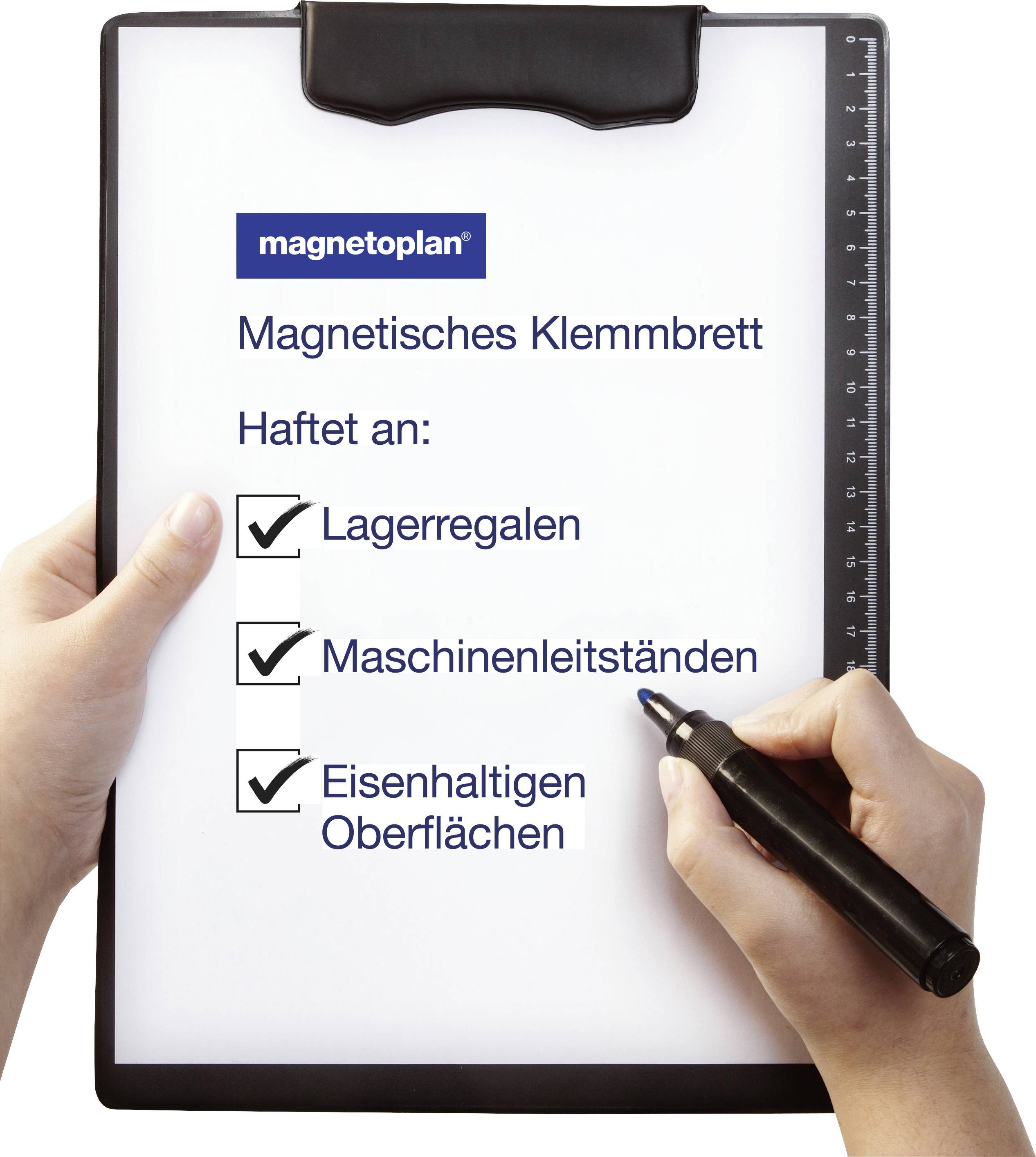 'Magnetisch prikbord' met afgevinkte punten op een checklist: opslagrekken, machinebedieningspanelen, ijzerhoudende oppervlakken.