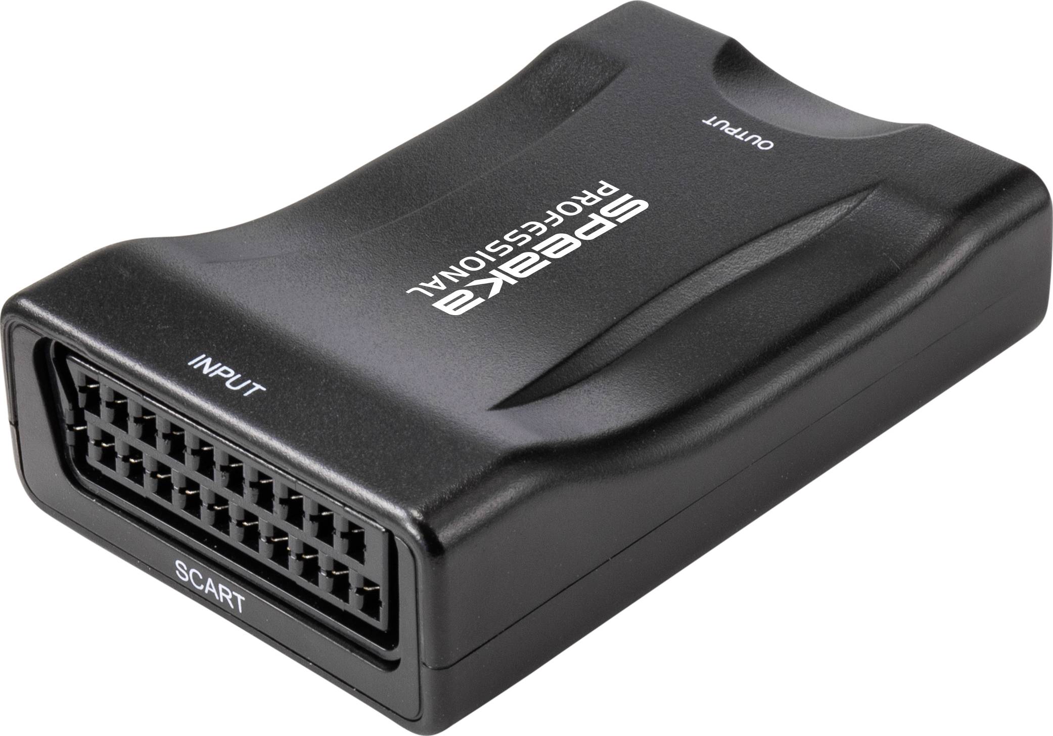 Zwarte SCART-adapter met de tekst 'SPEAKA PROFESSIONAL', gemarkeerd met 'INPUT' en 'OUTPUT'.