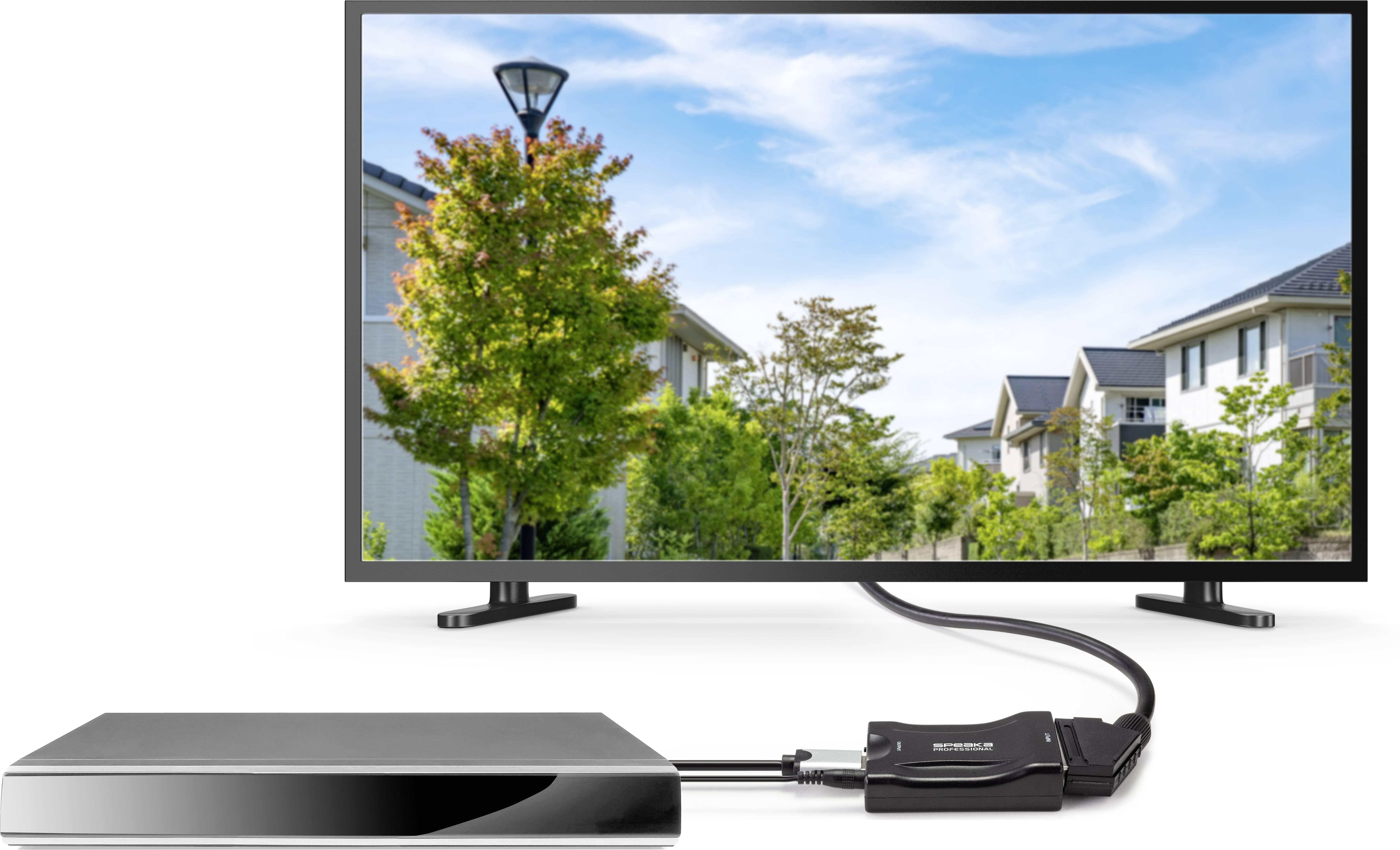 Een monitor toont een afbeelding van bomen en huizen. De monitor is via een kabel verbonden met een extern apparaat.