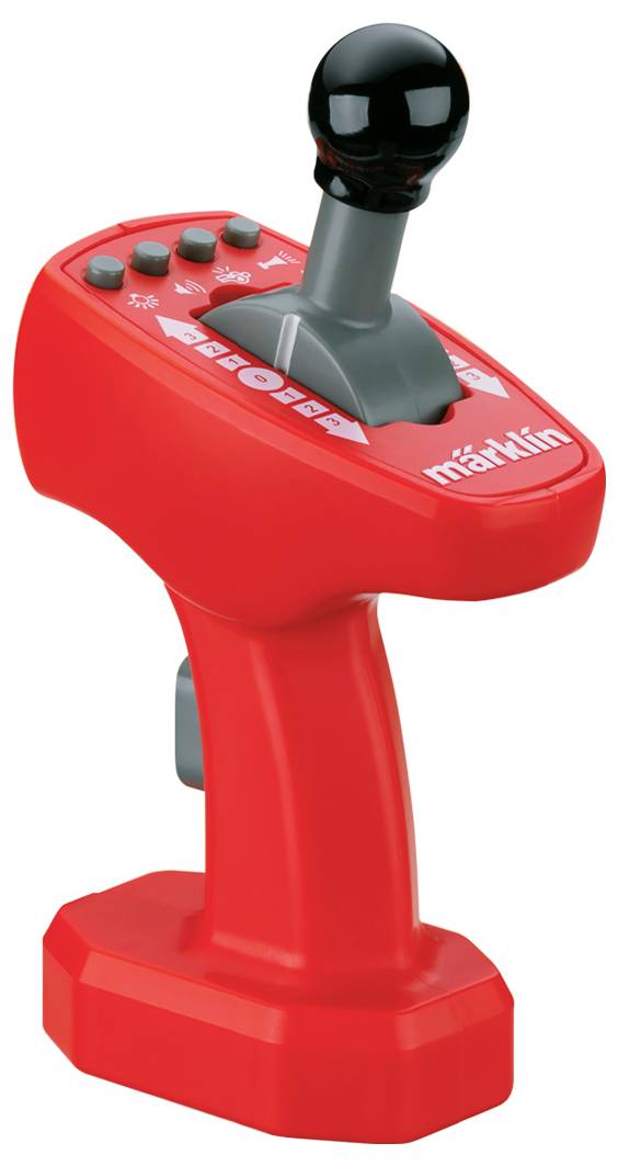 Een rode modelspoorbaan-controller met een zwarte hendel en grijze knoppen.