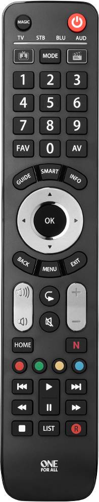 'Universele afstandsbediening met cijfertoetsen, pijltoetsen, volumeregelaar, zenderwissel en functies voor tv, dvd, streaming.'