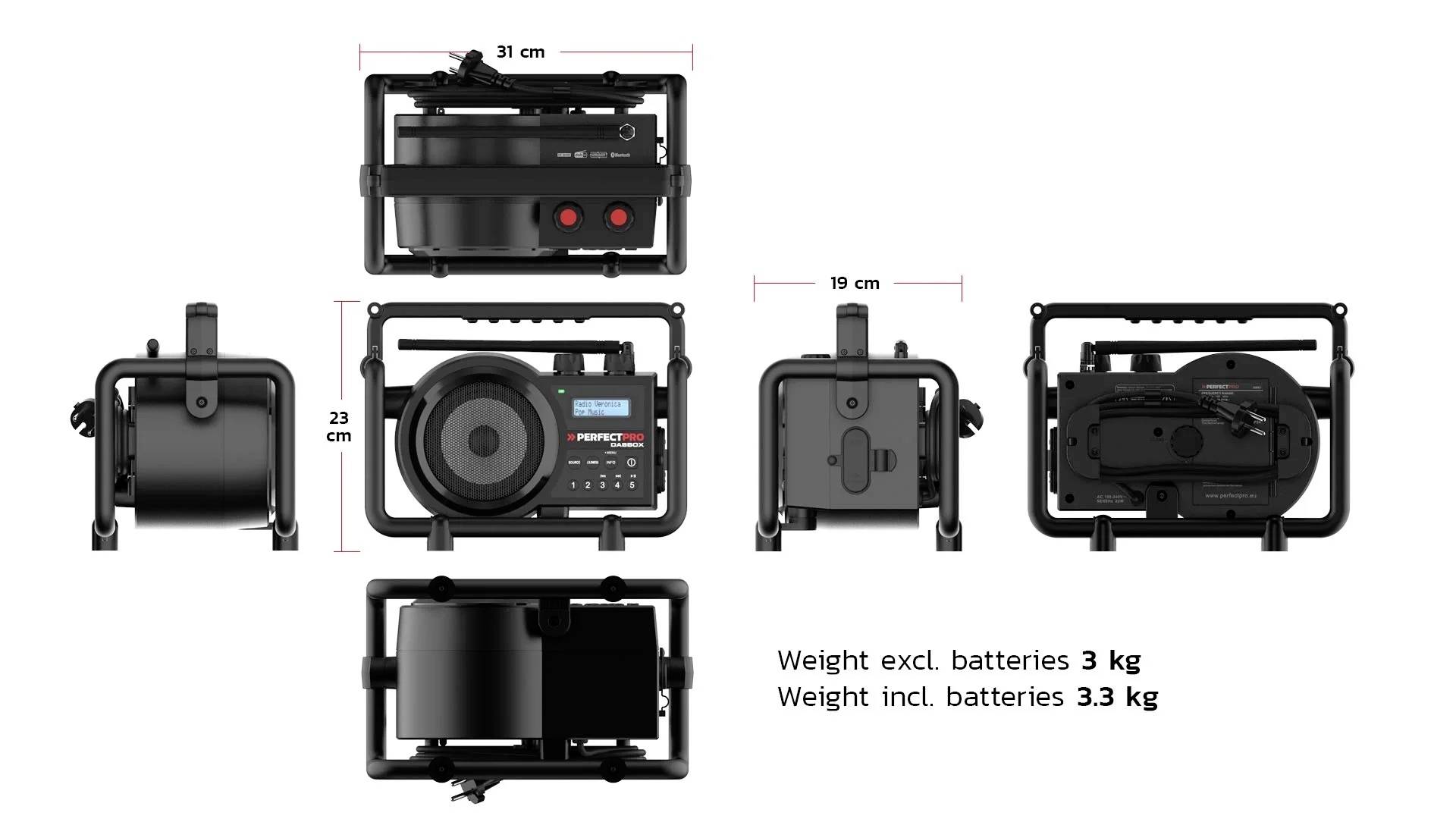 'Röntgencamera met verschillende weergaven: boven, voor, achter, zijkant. Afmetingen: 31x23x19 cm. Gewicht zonder batterij: 3 kg, met batterij: 3,3 kg.'