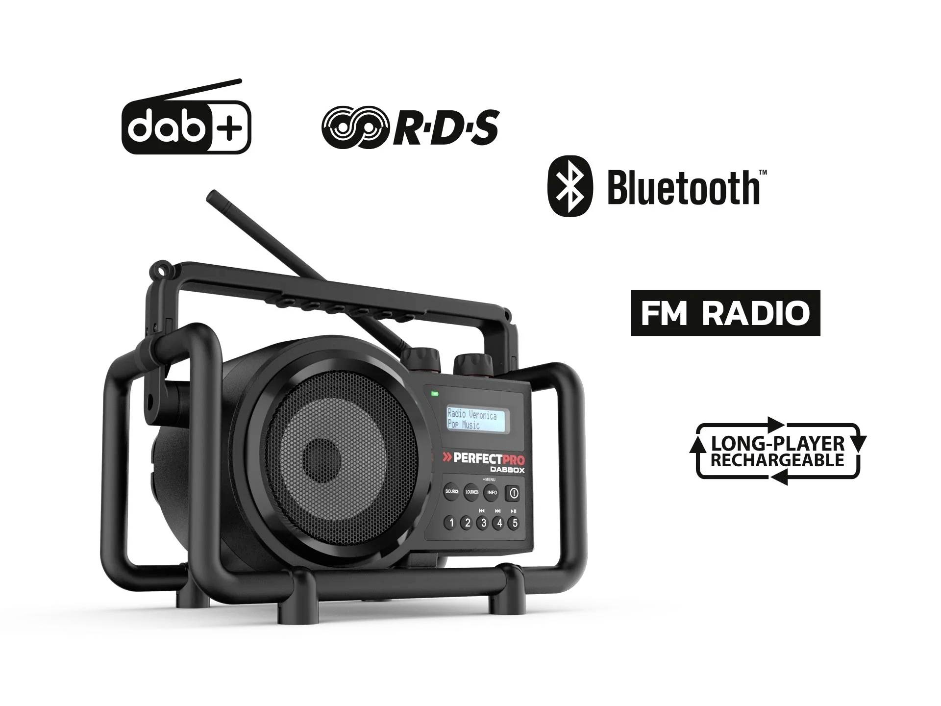 Draagbare radio in een beschermbehuizing met DAB+, RDS, Bluetooth, FM-radio en oplaadbare batterij.