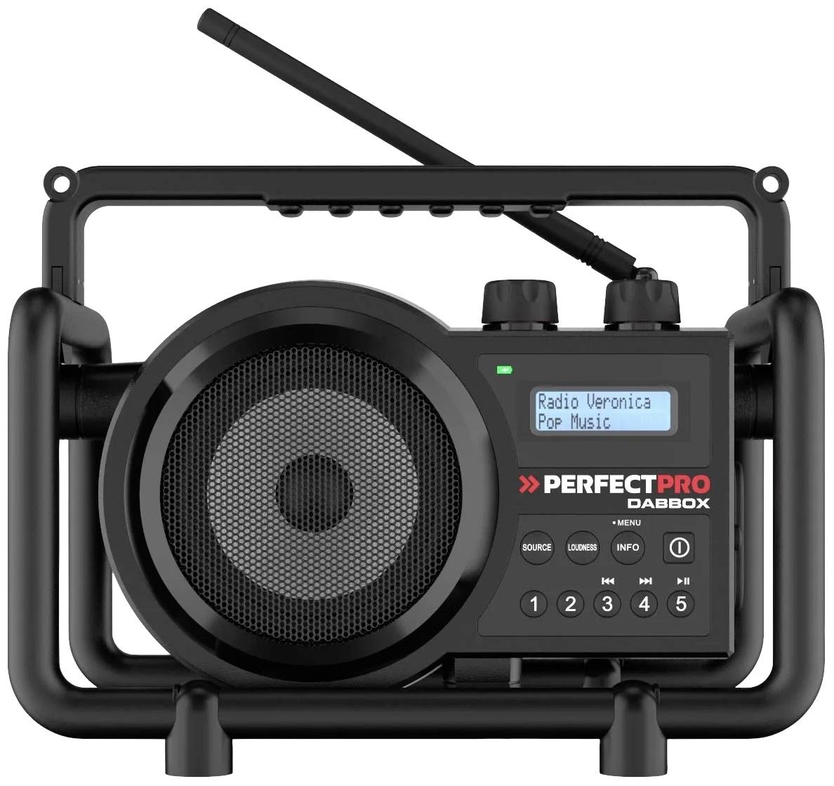 Draagbare radio met display, toont 'Radio Veronica' en 'Pop Music'. Grote luidsprekers, robuuste constructie, zwart design.