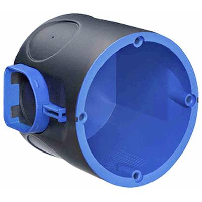 Ronde, blauwe en zwarte inbouwdoos met zijdelingse opening, voor elektrische installatie in gipsplaatwanden.