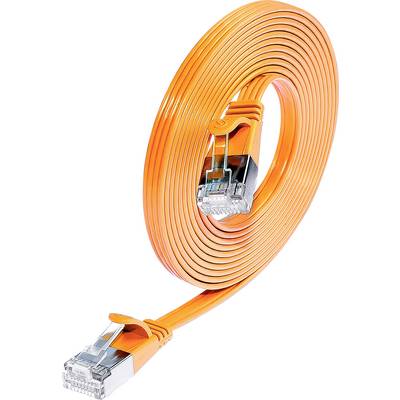 Oranje, plat Ethernet-kabel in een lus opgerold, met twee zilveren connectoren aan beide uiteinden.