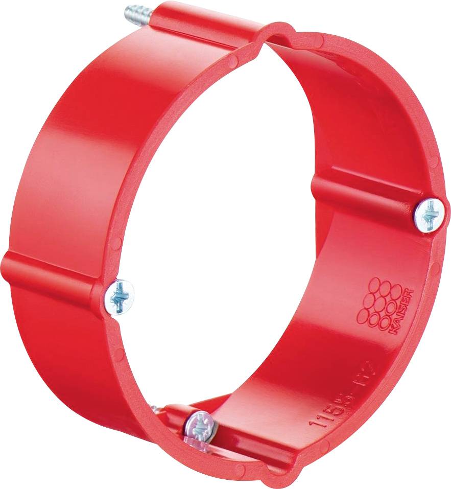 Rode kunststof ring met schroeven, gebruikt als montageondersteuning of afstandhouder in installaties.